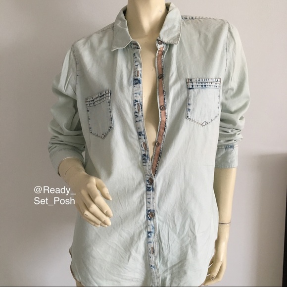 Jolt Tops - Long sleeve acid washed Denim button down shirt